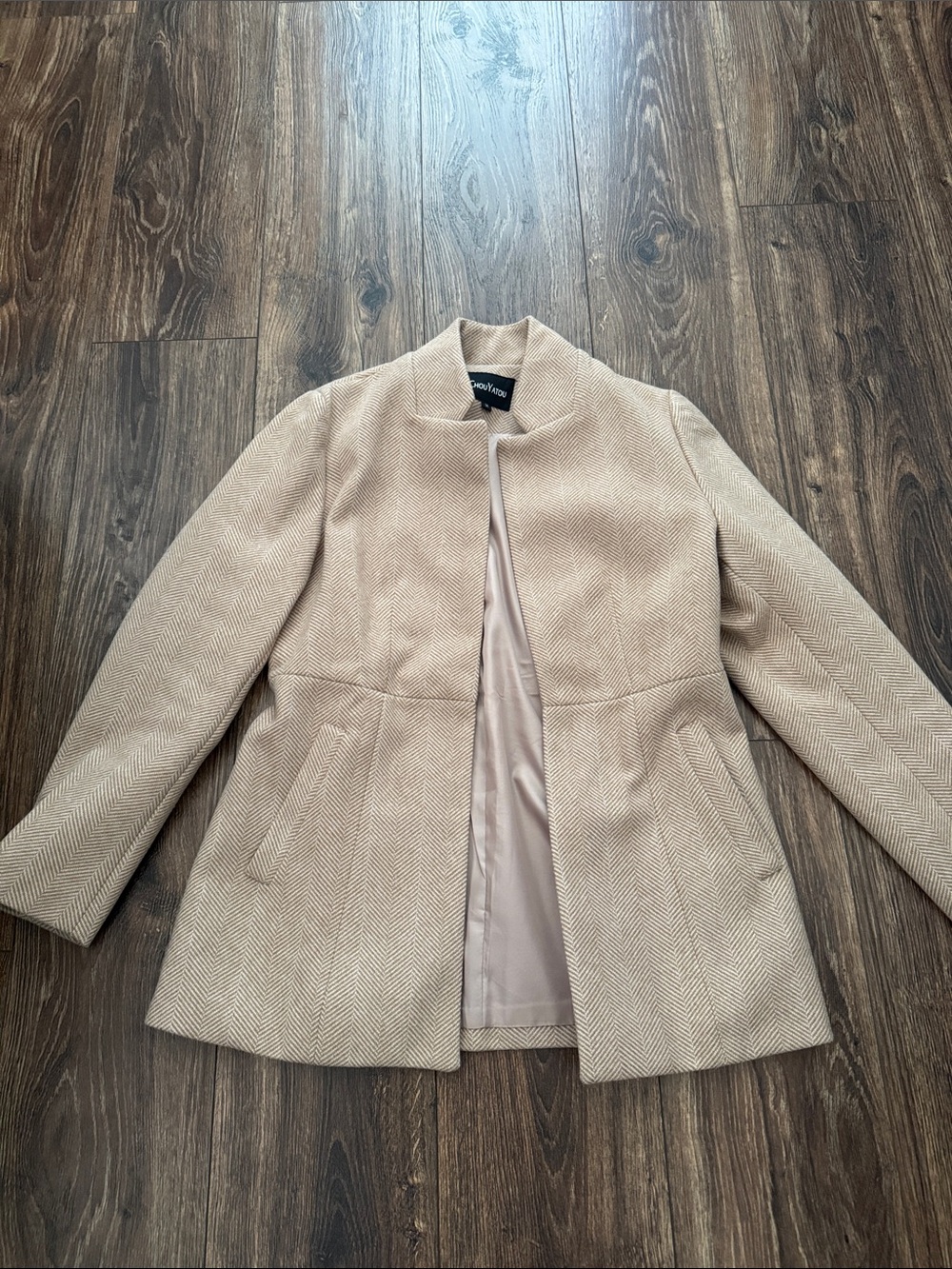 Worthington Collarless Beige Herringbone Pea Coat